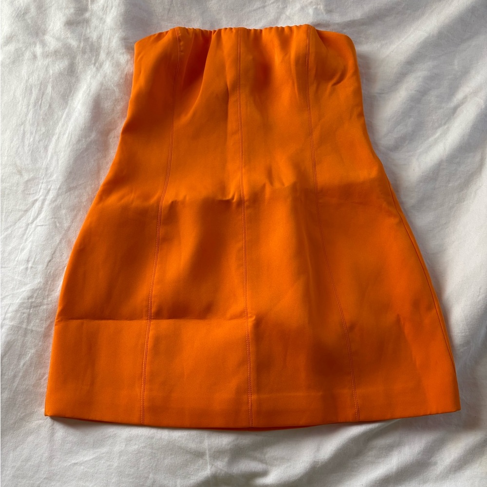 Meshki Maci Orange Crepe Strapless Mini Dress